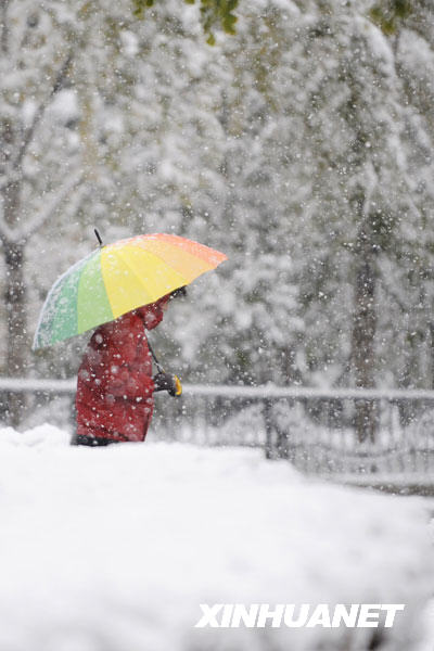 11月1日,行人在雪中行走。