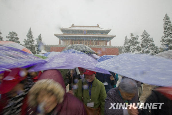 11月1日,众多游客冒雪游览北京故宫。