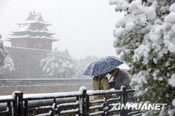 11月1日,在北京故宫角楼附近,一对夫妇在观看刚刚拍摄的雪景照片。