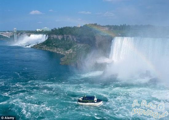 一艘游艇从尼亚加拉大瀑布加拿大一侧附近经过,我们可以在这张照片的左上角看到美利坚瀑布 一艘游艇从尼亚加拉大瀑布加拿大一侧附近经过,我们可以在这张照片的左上角看到美利坚瀑布
